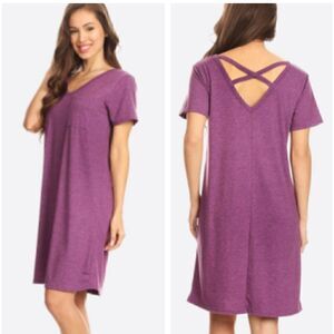 Yelete Criss Cross Back TShirt Dress Swing Athletic VNeck Purple S